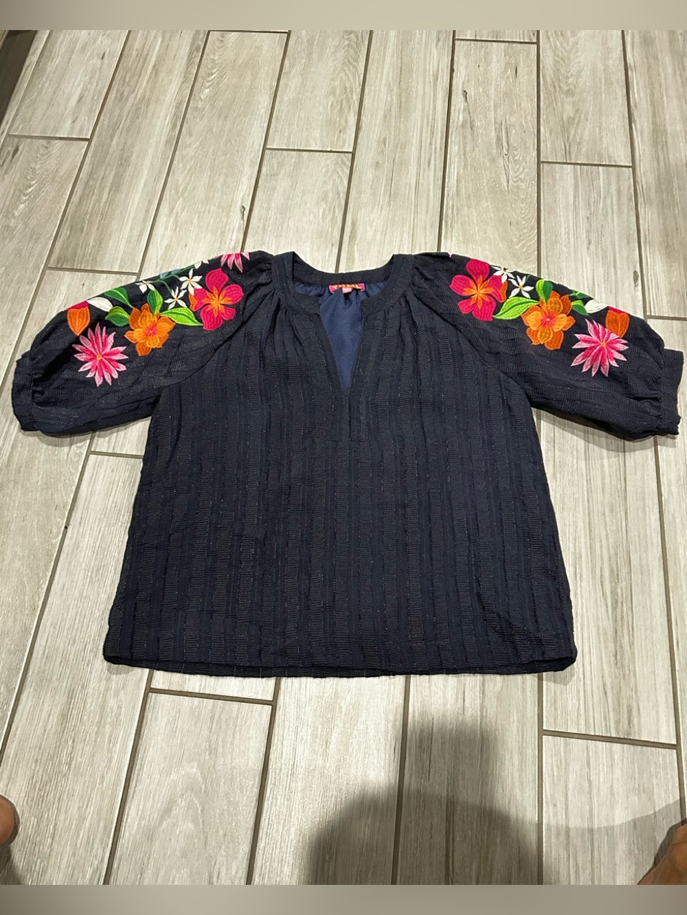 THML Navy Peasant Top with Bright Floral Embroidered Sleeves - Picture 2 of 10